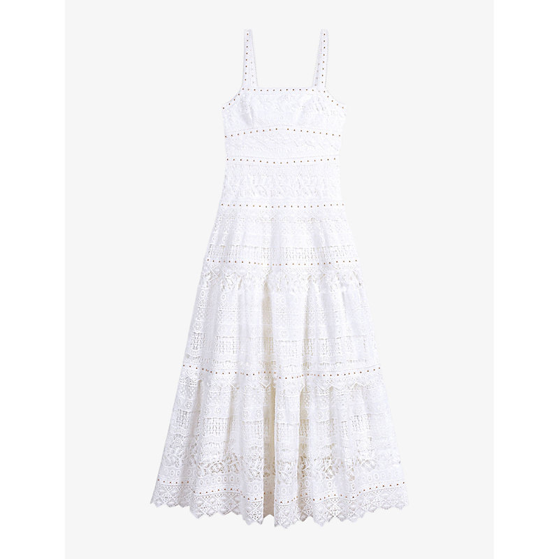 Maje Womens Blanc Openwork Guipure Crochet-knitted Maxi Dress In White