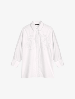 Maje Womens Blanc Floral-crochet Appliqué Oversized Cotton-poplin Shirt