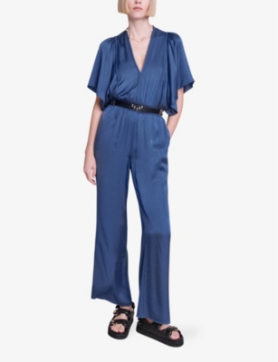 Shop Maje Women's Bleus Butterfly-sleeve V-neck Woven Jumpsuit