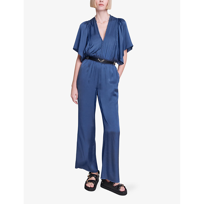 Shop Maje Women's Bleus Butterfly-sleeve V-neck Woven Jumpsuit