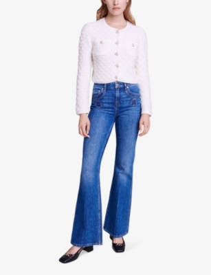 Shop Maje Women's Bleus Pocket-embroidered Flared-leg Stretch-denim Jeans