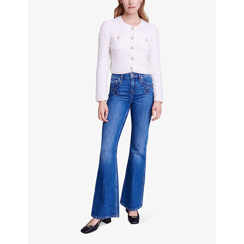 Shop Maje Womens Bleus Pocket-embroidered Flared-leg Stretch-denim Jeans