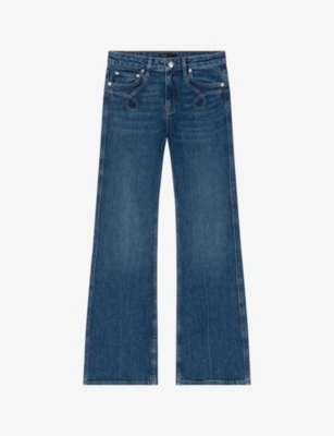 MAJE: Pocket-embroidered flared-leg stretch-denim jeans