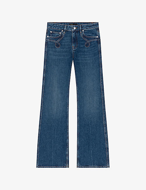 MAJE: Pocket-embroidered flared-leg stretch-denim jeans
