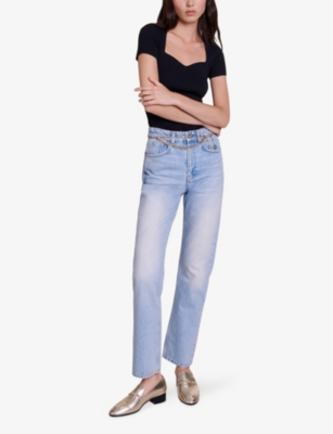 Shop Maje Women's Bleus Jewelled-belt Straight-leg Low-rise Denim Jeans
