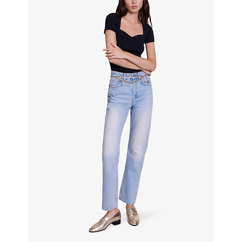 Shop Maje Women's Bleus Jewelled-belt Straight-leg Low-rise Denim Jeans