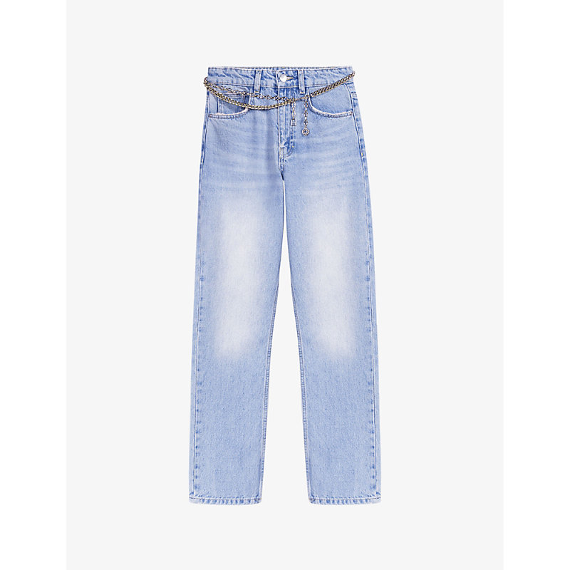 Shop Maje Womens Bleus Jewelled-belt Straight-leg Low-rise Denim Jeans