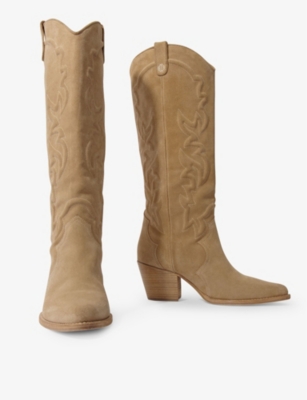 Shop Maje Women's Naturels Western-embroidered Block-heel Suede Knee-high Boots