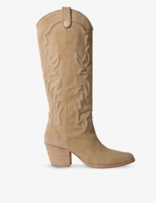 Shop Maje Women's Naturels Western-embroidered Block-heel Suede Knee-high Boots