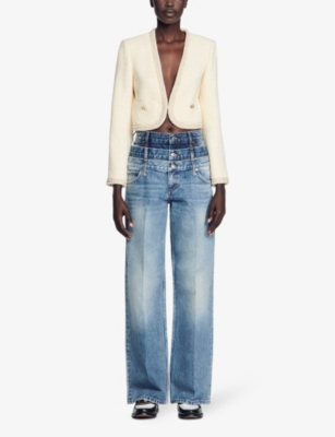 SANDRO: Faux pearl-embellished tweed-textured cotton-blend jacket