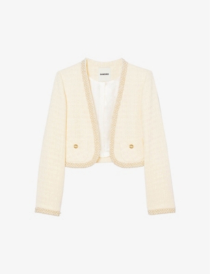 SANDRO: Faux pearl-embellished tweed-textured cotton-blend jacket