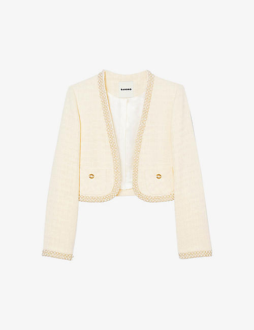 SANDRO: Faux pearl-embellished tweed-textured cotton-blend jacket