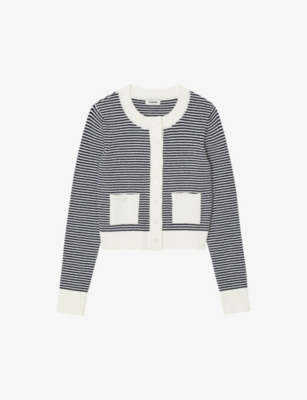 Shop Sandro Women's Bleus Striped Terry-textured Stretch-knit Cardigan