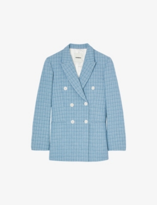 Shop Sandro Women's Bleus Tweed-textured Double-breasted Cotton-blend Blazer