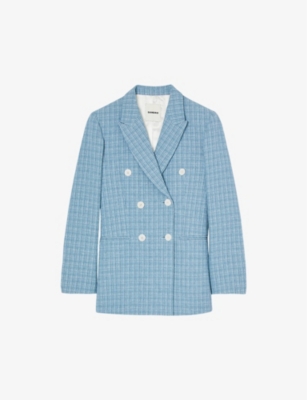Sandro Double-breasted Tweed Blazer In Bleus