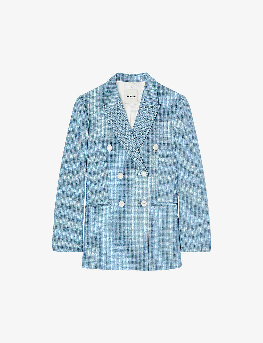 Shop Sandro Womens Bleus Tweed-textured Double-breasted Cotton-blend Blazer