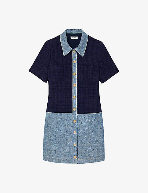 SANDRO: Contrast-collar short-sleeve tweed and denim mini dress