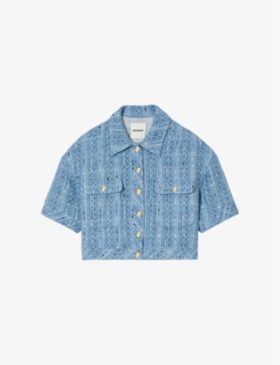 Shop Sandro Women's Bleus Button-embellished Short-sleeved Tweed Jacket