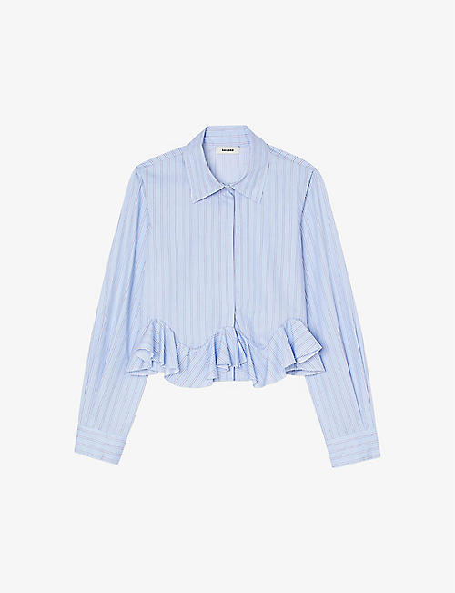 SANDRO: Striped ruffled-hem cotton shirt