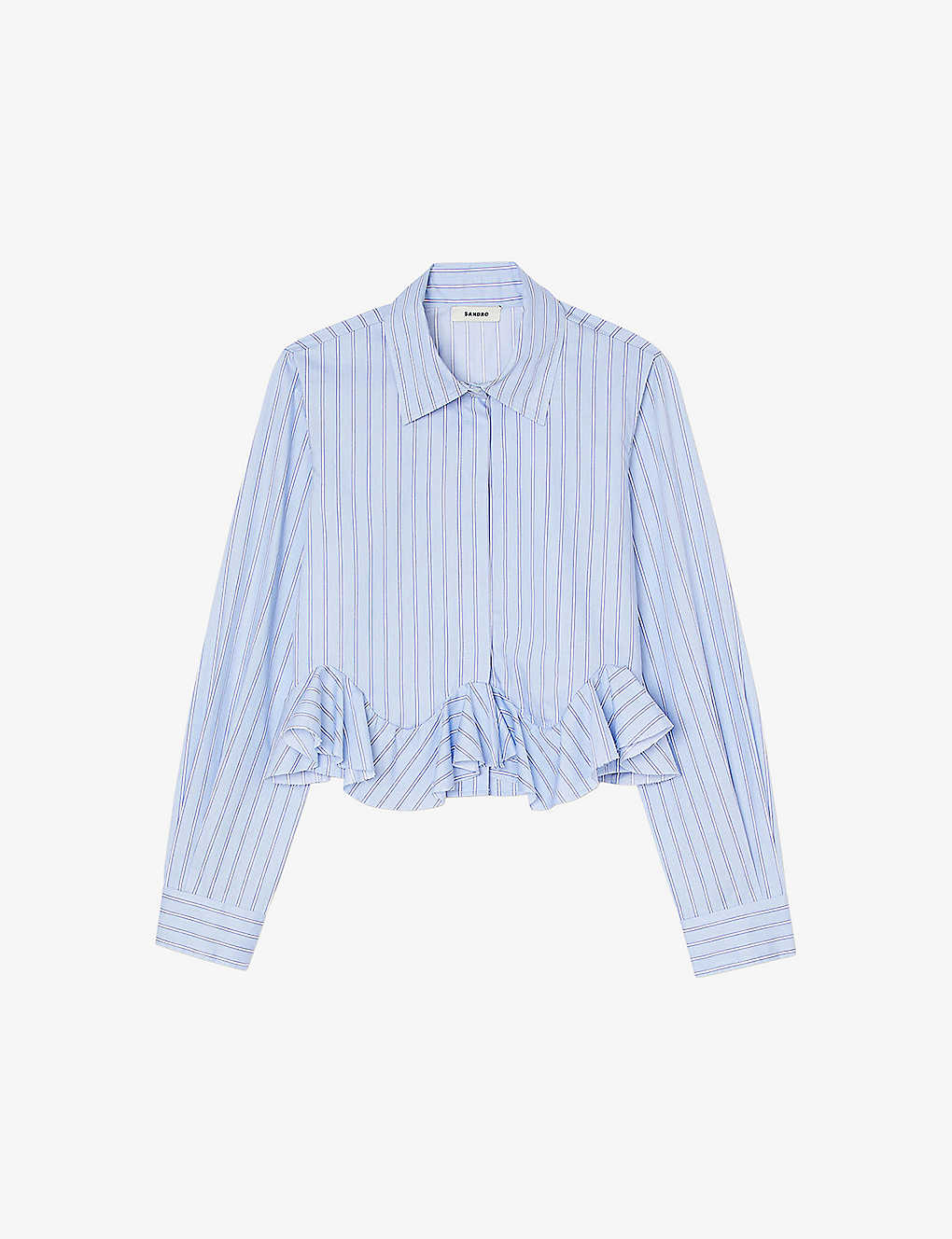 Sandro Womens Bleus Striped Ruffled-hem Cotton Shirt