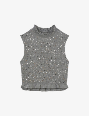 Shop Sandro Womens Noir / Gris Sequin-embellished Slim-fit Stretch-woven Top