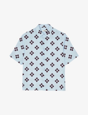 Sandro Mens Bleus Flower-print Relaxed-fit Woven Shirt