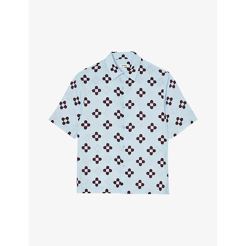 Sandro Mens Bleus Flower-print Relaxed-fit Woven Shirt