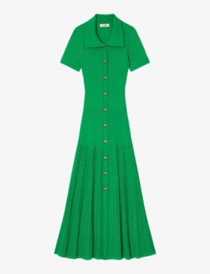 Shop Sandro Women's Verts Button-embellished Ribbed Stretch-knit Maxi Dress