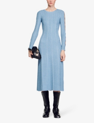 Shop Sandro Womens Bleus Eyelet-embellished Long-sleeve Stretch-knit Midi Dress