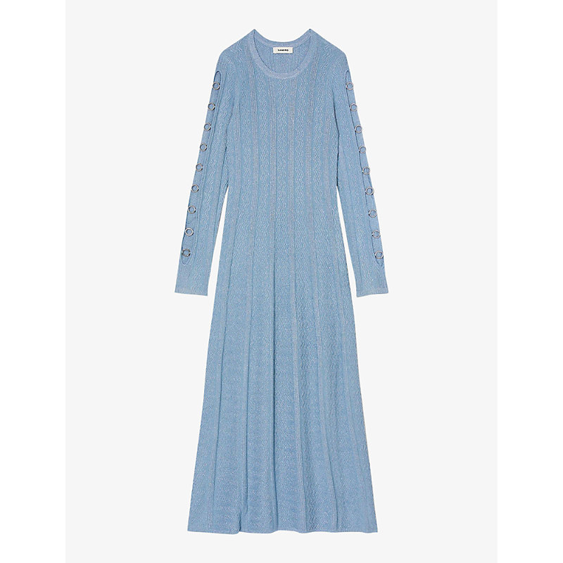 Sandro Womens Bleus Eyelet-embellished Long-sleeve Stretch-knit Midi Dress
