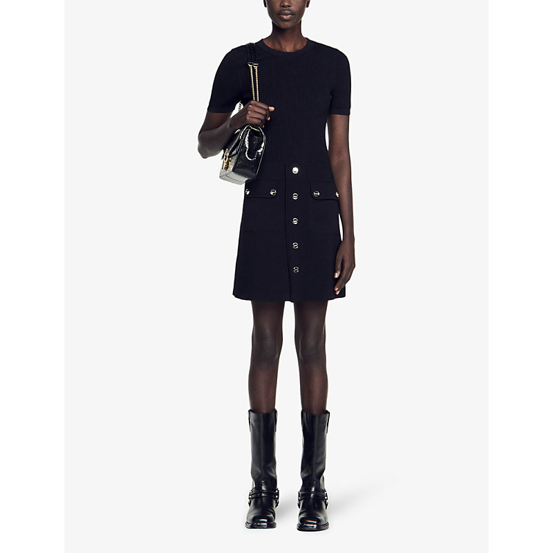 Shop Sandro Women's Noir / Gris Fit-and-flare Patch-pocket Stretch-knit Mini Dress