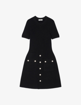 SANDRO: Fit-and-flare patch-pocket stretch-knit mini dress