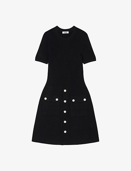 SANDRO: Fit-and-flare patch-pocket stretch-knit mini dress