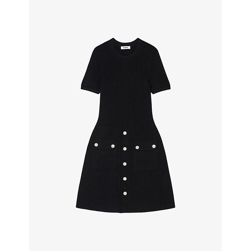 Shop Sandro Women's Noir / Gris Fit-and-flare Patch-pocket Stretch-knit Mini Dress
