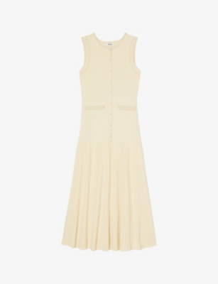 Sandro Naima Imitation Pearl Button Front Sleeveless Midi Dress In Naturels