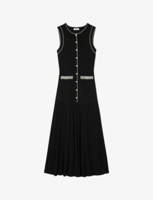 Sandro Naima Imitation Pearl Button Front Sleeveless Midi Dress In Noir / Gris