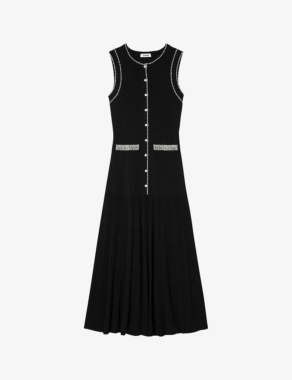 Sandro Womens Black Round-neck Woven Midi Dress In Noir / Gris