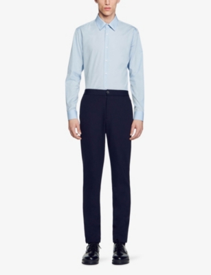 Shop Sandro Men's Bleus Long-sleeved Regular-fit Cotton Shirt