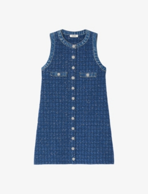 Shop Sandro Womens Bleus Denim-trim Tweed Mini Dress In Blue