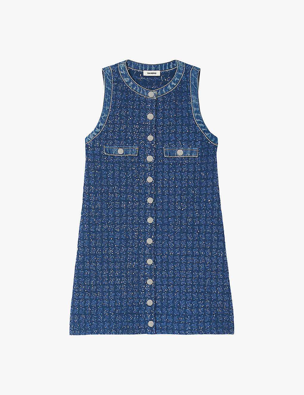 Shop Sandro Womens Bleus Denim-trim Tweed Mini Dress In Blue