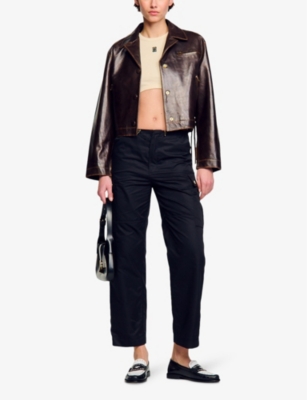 Shop Sandro Women's Noir / Gris Patch-pocket Elasticated-waist Cotton-blend Cargo Trousers