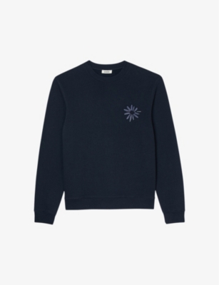 Shop Sandro Men's Bleus Flower-embossed Regular-fit Cotton Sweatshirt