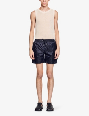 Shop Sandro Men's Noir / Gris Jacquard-print Elasticated-waist Regular-fit Woven Swim Shorts