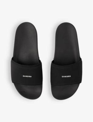 Shop Sandro Mens Noir / Gris Logo-embossed Rubber Pool Slides