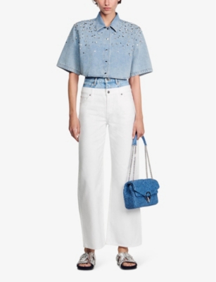 Shop Sandro Womens Denim - Jean Rhinestone-embellished Cropped Denim Shirt