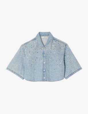 Shop Sandro Womens Denim - Jean Rhinestone-embellished Cropped Denim Shirt