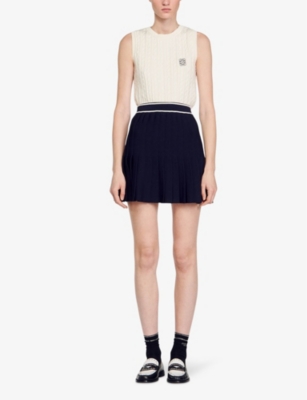 Shop Sandro Women's Bleus Contrast-stripe Elasticated-waist Pleated Stretch-woven Mini Skirt