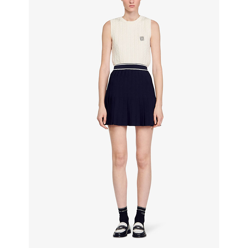 Shop Sandro Womens Bleus Contrast-stripe Elasticated-waist Pleated Stretch-woven Mini Skirt