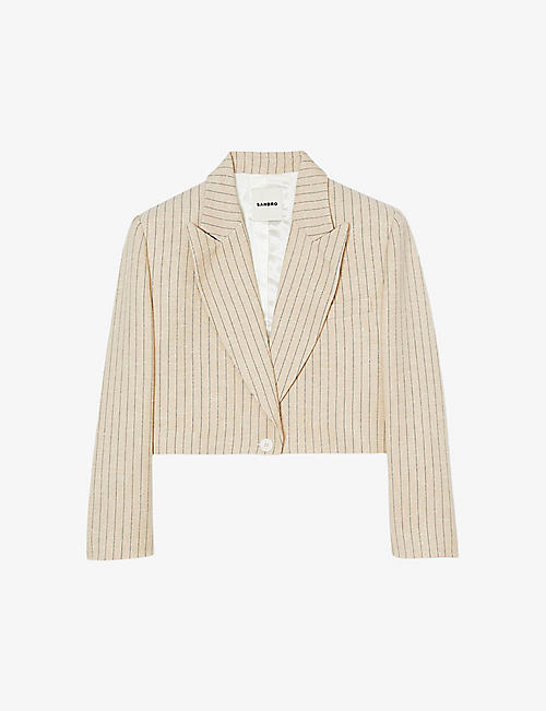 SANDRO: Stripe lapel-collar cropped woven blazer