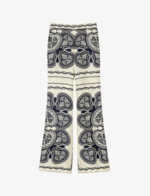 SANDRO: Graphic-print wide-leg mid-rise satin trousers